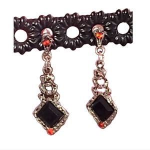 Red & Black Gems on Knotted Antique Silver Drop Post Pierced Earrings
